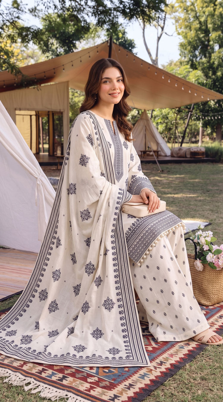 D# 11112 White 3 PCS Unstitched Lawn