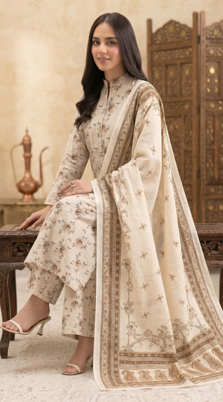 D# 4013 Beige Banadora Lawn 3 Pcs Unstitched