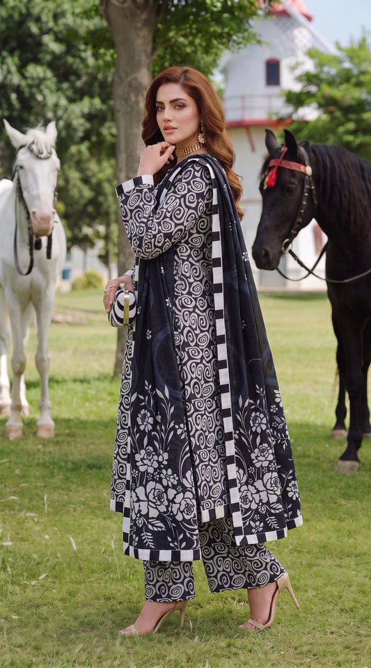 D# 3504 Black & White 3 PCS Unstitched Lawn
