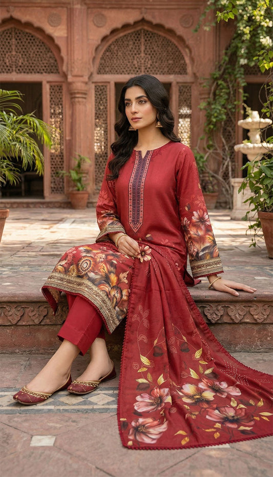 D# 5554 Burgundy Lawn 3 Pcs Unstitched
