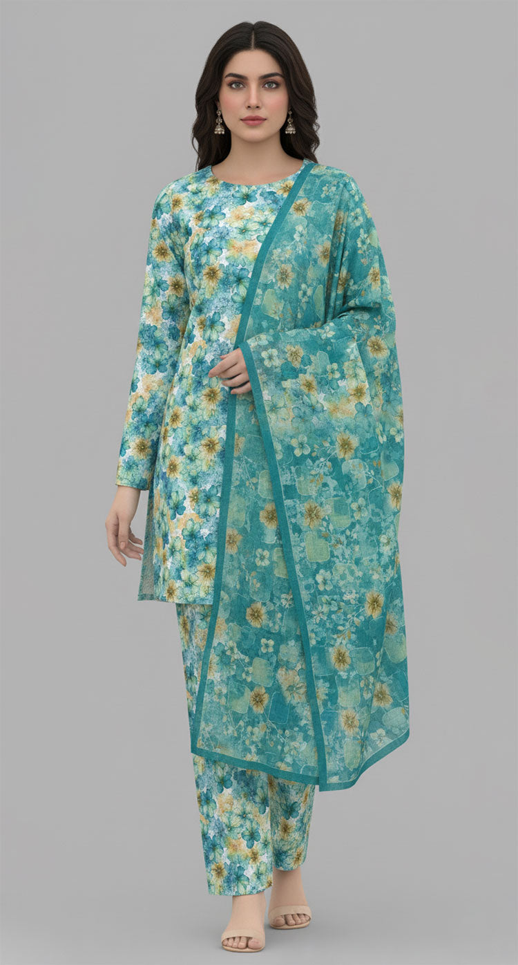 D#7016 GREEN DIGITAL CLASSIC LINEN 3PCS UNSTITCHED