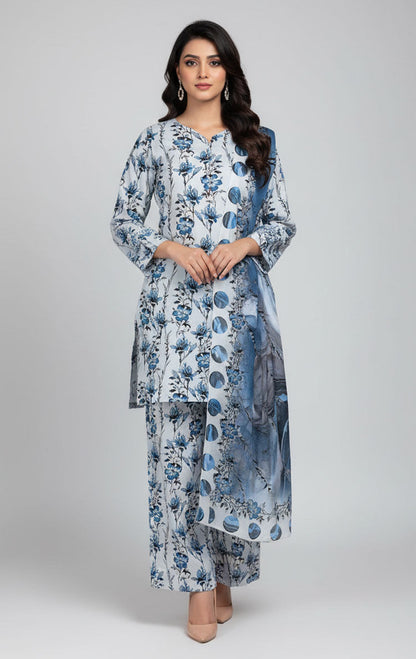 D#7040 BLUE DIGITAL CLASSIC LINEN 3PCS UNSTITCHED