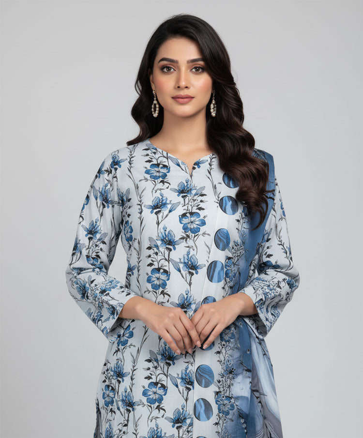 D#7040 BLUE DIGITAL CLASSIC LINEN 3PCS UNSTITCHED