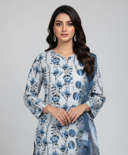 D#7040 BLUE DIGITAL CLASSIC LINEN 3PCS UNSTITCHED