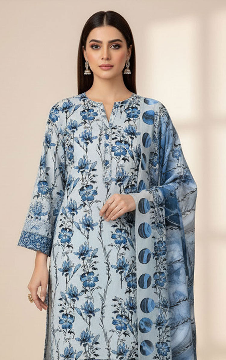 D#7040 BLUE DIGITAL CLASSIC LINEN 3PCS UNSTITCHED