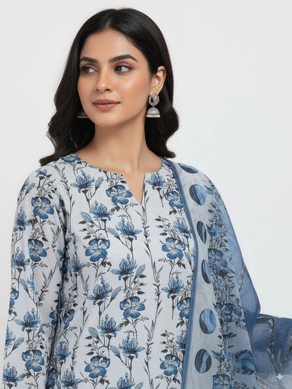 D#7040 BLUE DIGITAL CLASSIC LINEN 3PCS UNSTITCHED