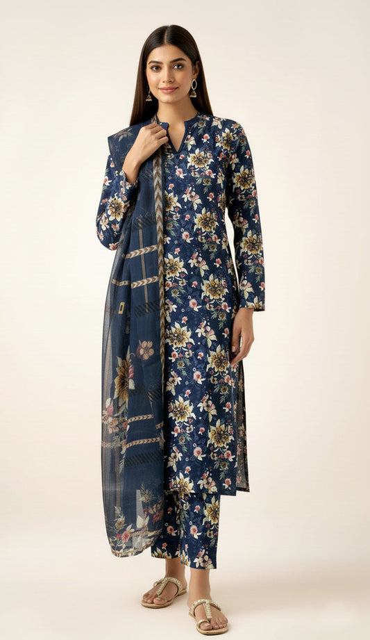 D#830 BLUE DIGITAL CLASSIC LINEN 3PCS UNSTITCHED