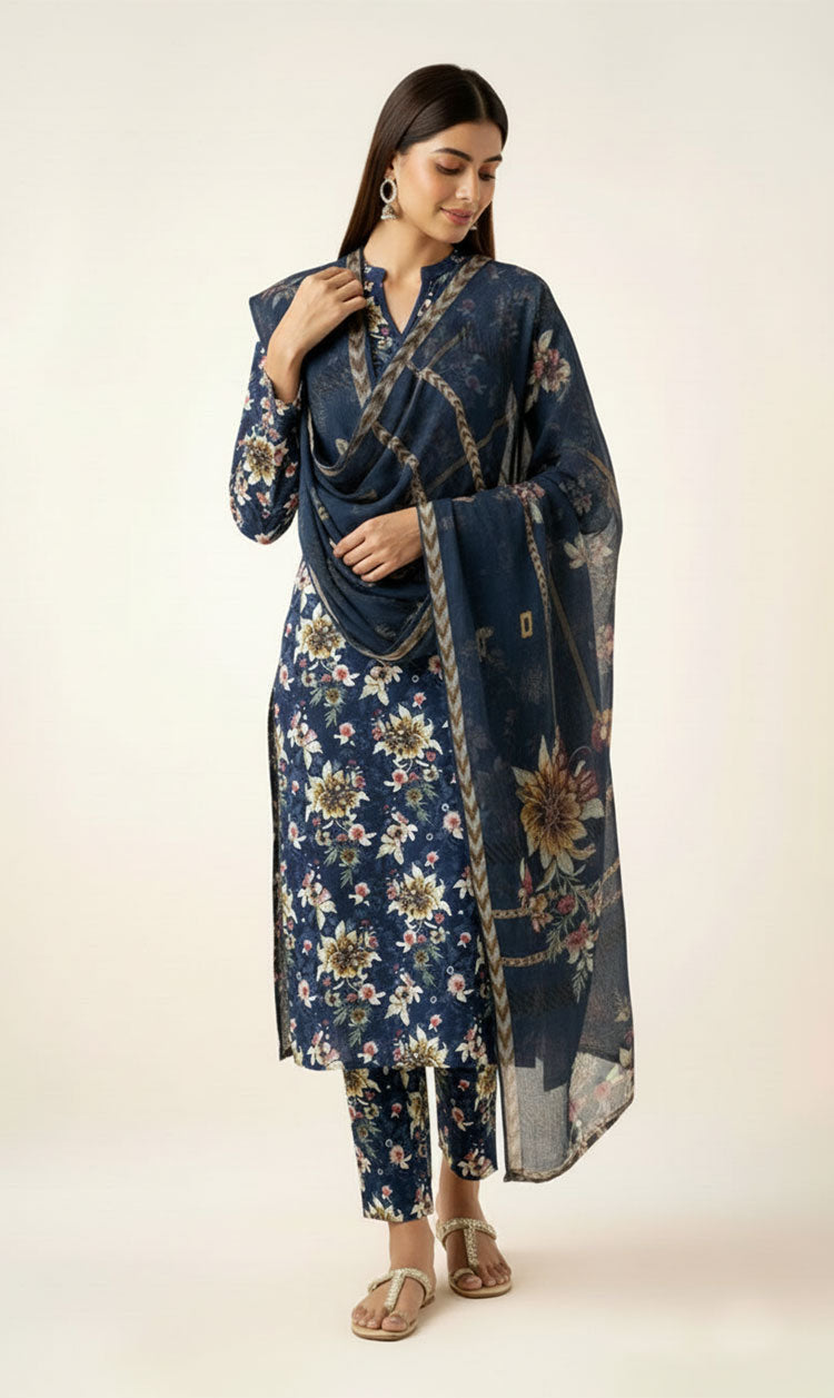 D#830 BLUE DIGITAL CLASSIC LINEN 3PCS UNSTITCHED