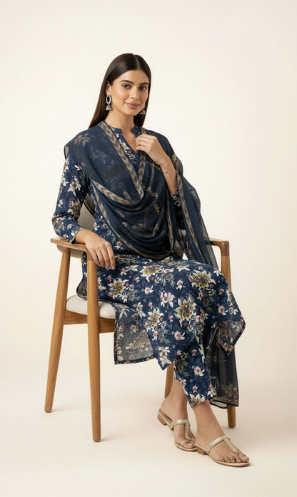 D#830 BLUE DIGITAL CLASSIC LINEN 3PCS UNSTITCHED