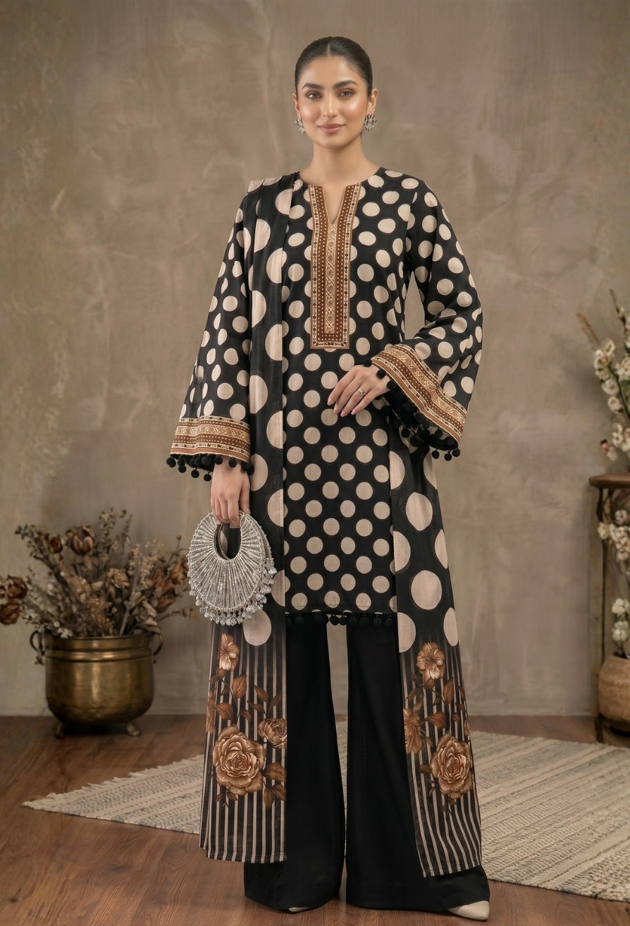 D# 11080 Black 3 PCS Unstitched Lawn