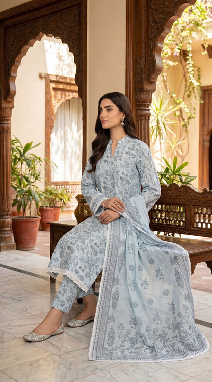 D# 38 Sky Blue Banadora Lawn 3 Pcs Unstitched