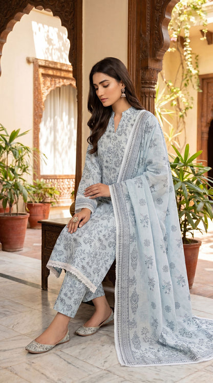 D# 38 Sky Blue Banadora Lawn 3 Pcs Unstitched