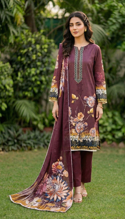 D# 5544 Maroon Sparkling Lawn 3 Pcs Unstitched