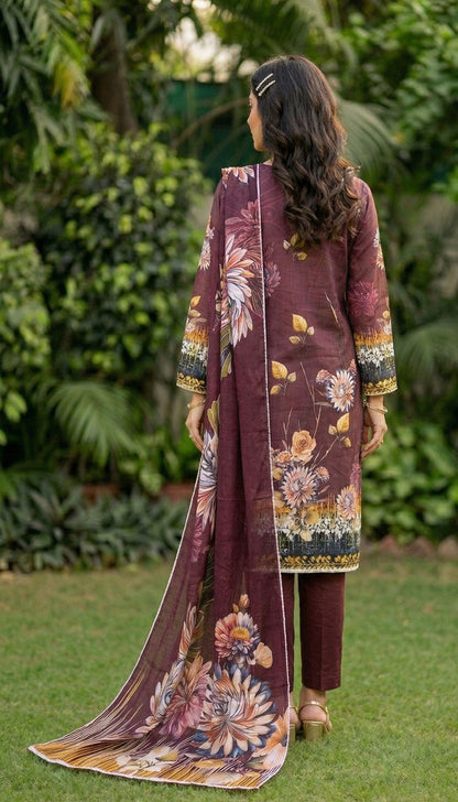 D# 5544 Maroon Sparkling Lawn 3 Pcs Unstitched