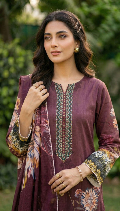 D# 5544 Maroon Sparkling Lawn 3 Pcs Unstitched
