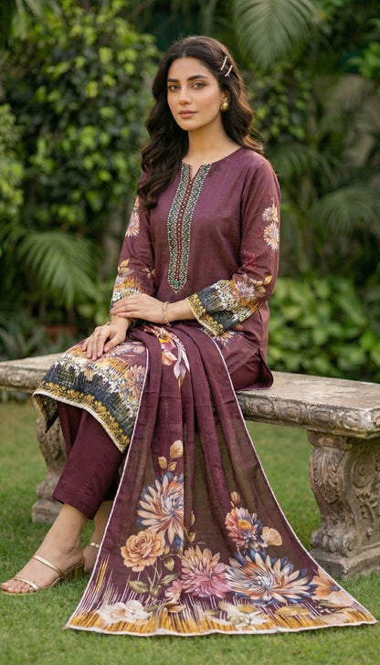 D# 5544 Maroon Sparkling Lawn 3 Pcs Unstitched