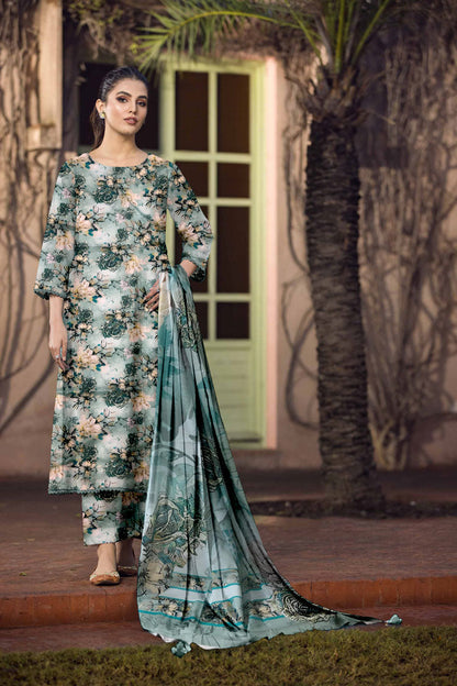 D#829 PRINTED TURQUOISE 3 PCS UNSTITCHED