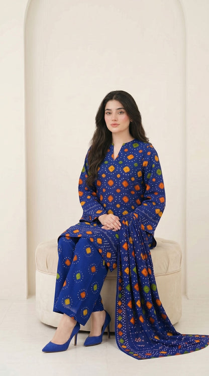 D# 11025 BLUE 3 PCS Unstitched Lawn