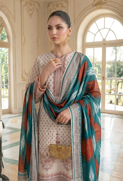 D# 11028 OFF-WHITE 3 PCS Unstitched Lawn
