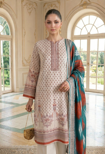 D# 11028 OFF-WHITE 3 PCS Unstitched Lawn