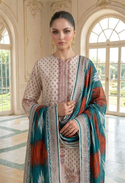 D# 11028 OFF-WHITE 3 PCS Unstitched Lawn