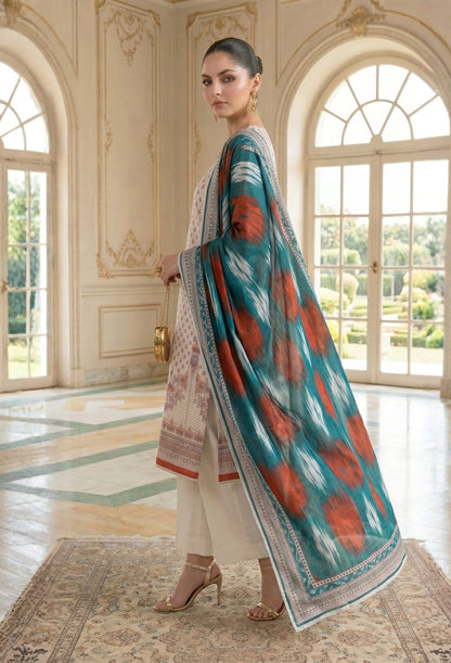 D# 11028 OFF-WHITE 3 PCS Unstitched Lawn