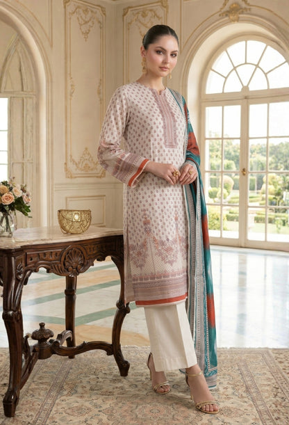 D# 11028 OFF-WHITE 3 PCS Unstitched Lawn