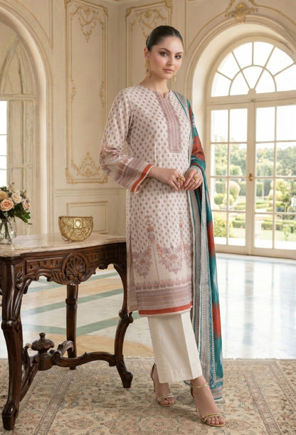 D# 11028 OFF-WHITE 3 PCS Unstitched Lawn