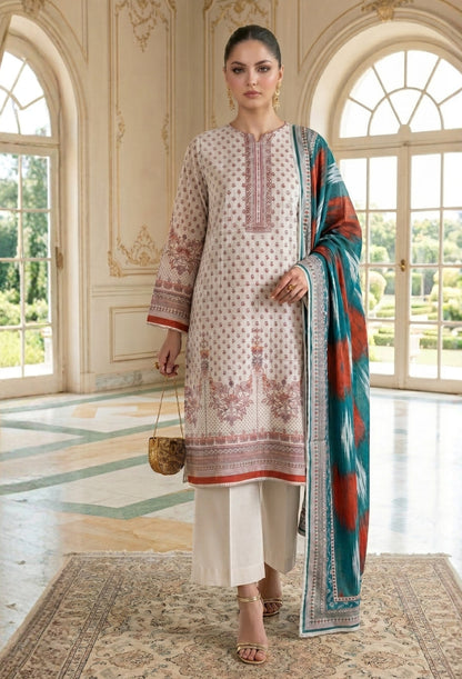 D# 11028 OFF-WHITE 3 PCS Unstitched Lawn