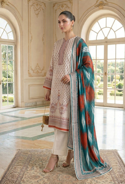 D# 11028 OFF-WHITE 3 PCS Unstitched Lawn