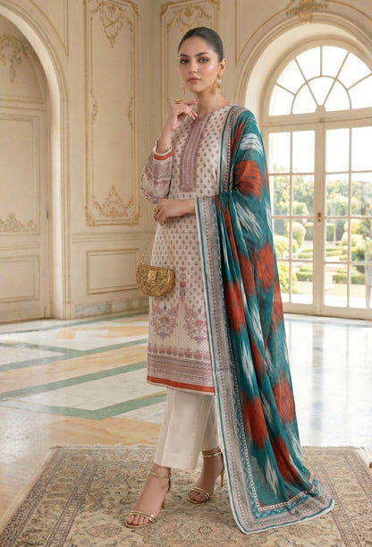 D# 11028 OFF-WHITE 3 PCS Unstitched Lawn
