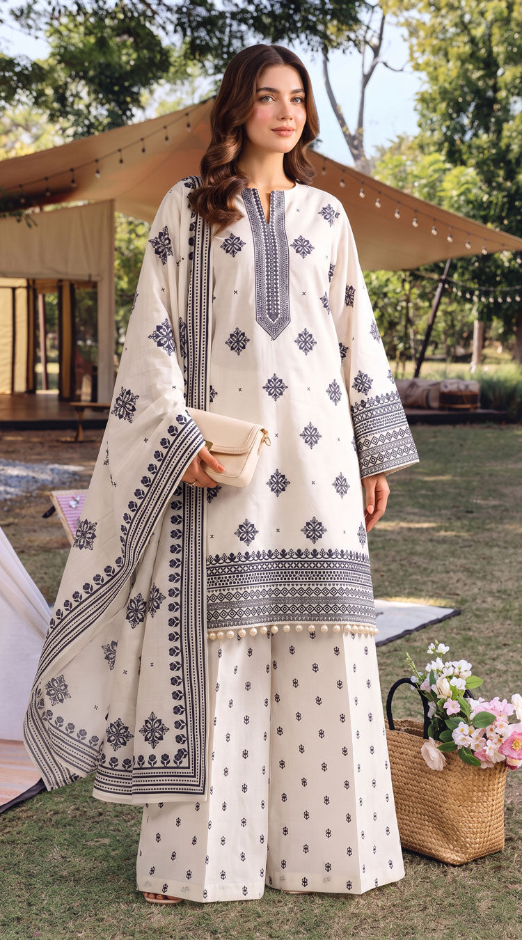 D# 11112 White 3 PCS Unstitched Lawn