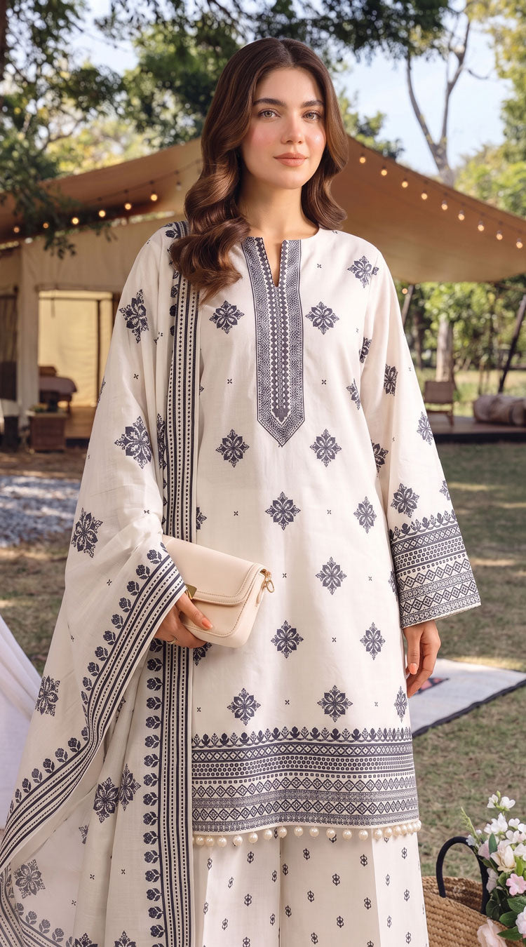 D# 11112 White 3 PCS Unstitched Lawn