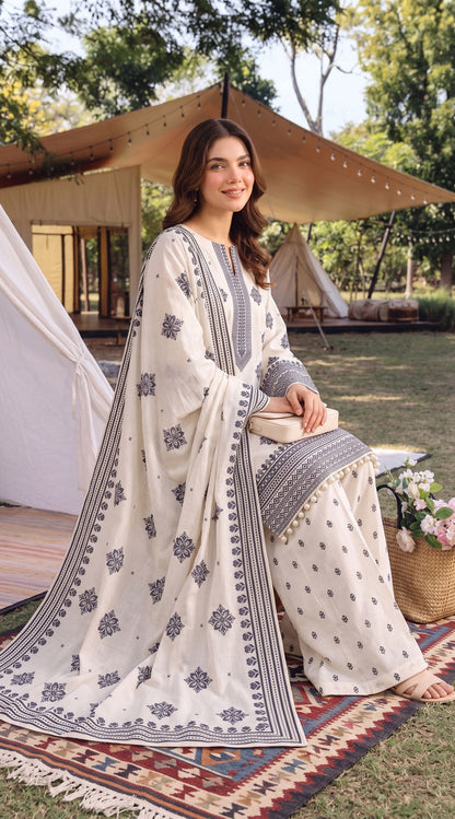 D# 11112 White 3 PCS Unstitched Lawn
