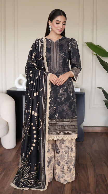D# 11129 Black 3 PCS Unstitched Lawn