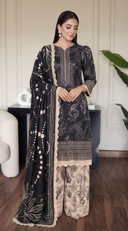 D# 11129 Black 3 PCS Unstitched Lawn