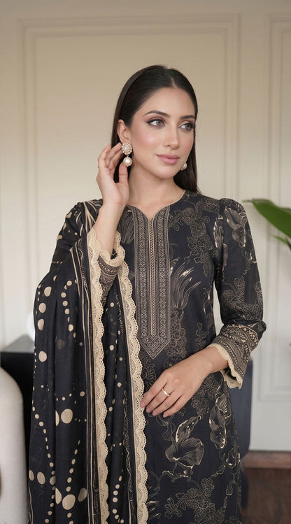 D# 11129 Black 3 PCS Unstitched Lawn