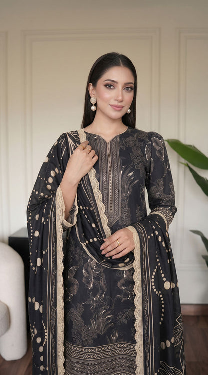 D# 11129 Black 3 PCS Unstitched Lawn