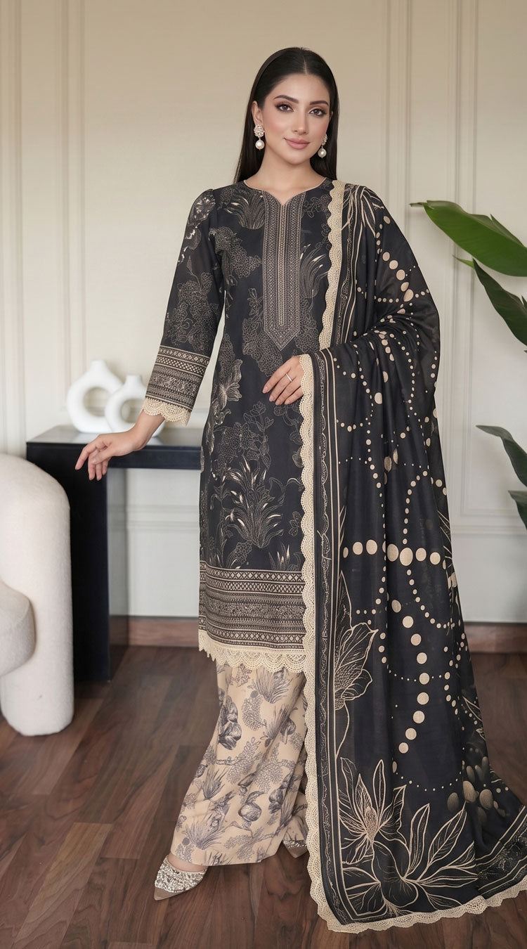D# 11129 Black 3 PCS Unstitched Lawn