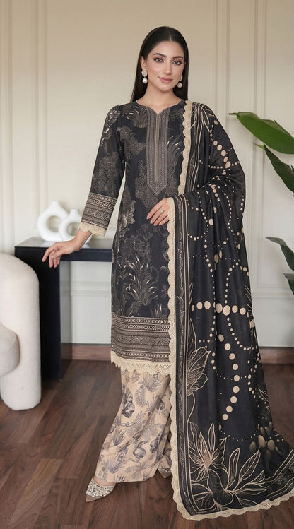 D# 11129 Black 3 PCS Unstitched Lawn