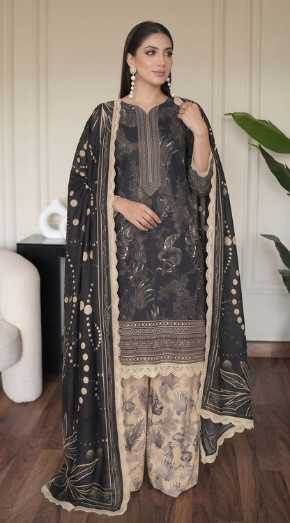 D# 11129 Black 3 PCS Unstitched Lawn