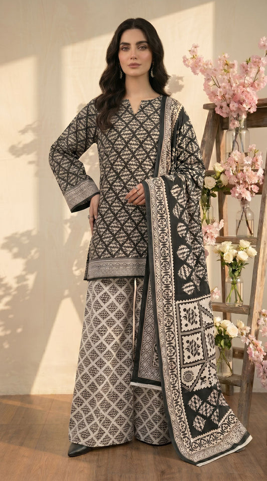D# 11134 BLACK 3 PCS Unstitched Lawn