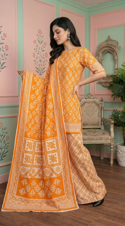 D# 11134 ORANGE 3 PCS Unstitched Lawn
