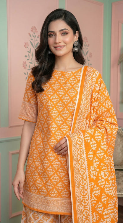 D# 11134 ORANGE 3 PCS Unstitched Lawn
