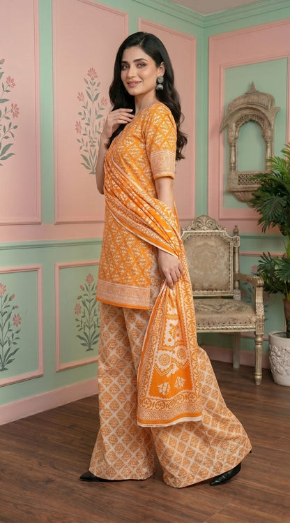 D# 11134 ORANGE 3 PCS Unstitched Lawn
