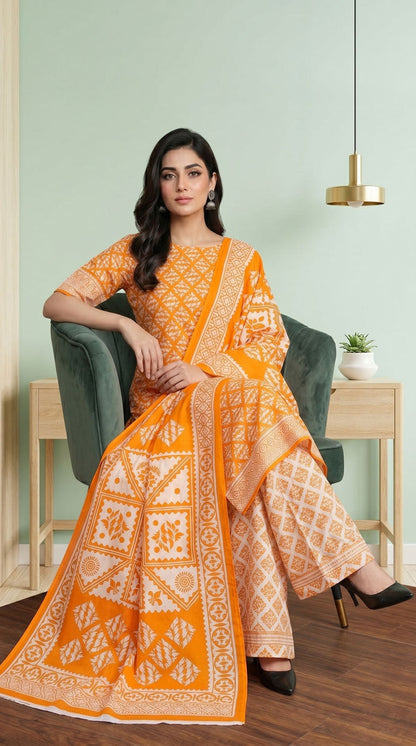 D# 11134 ORANGE 3 PCS Unstitched Lawn