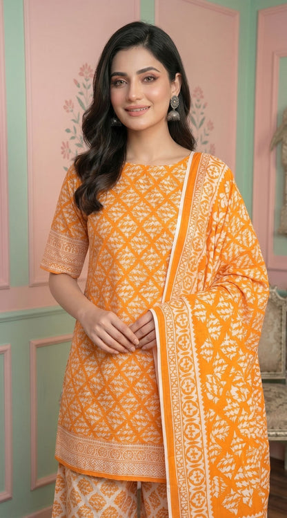 D# 11134 ORANGE 3 PCS Unstitched Lawn