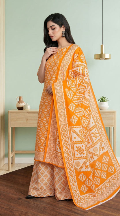 D# 11134 ORANGE 3 PCS Unstitched Lawn