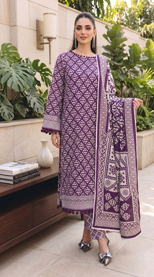 D# 11134 PURPLE 3 PCS Unstitched Lawn