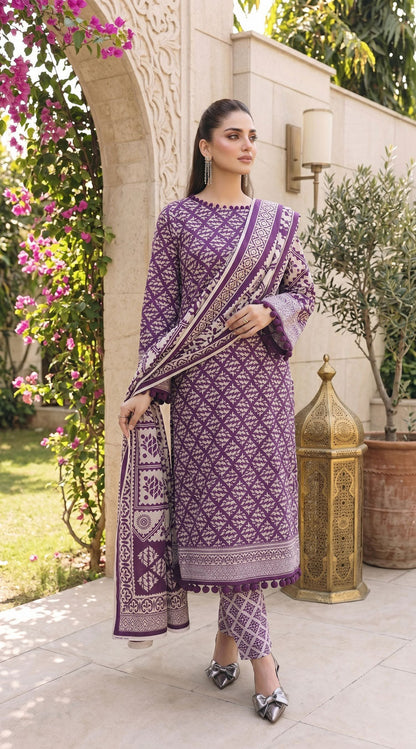 D# 11134 PURPLE 3 PCS Unstitched Lawn